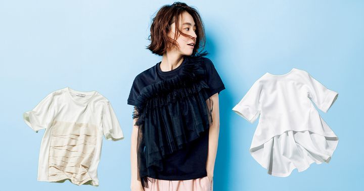 前身頃にチュールがついた黒Tシャツにピンクパンツを合わせた浅見れいなさん