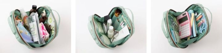 キルティングポーチにさまざまなアイテムが収納されている様子