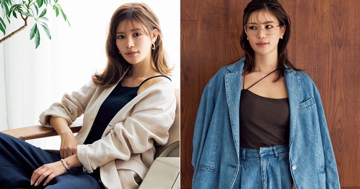 ジャケットのインナーに細ストラップのキャミを合わせたレイヤードスタイル