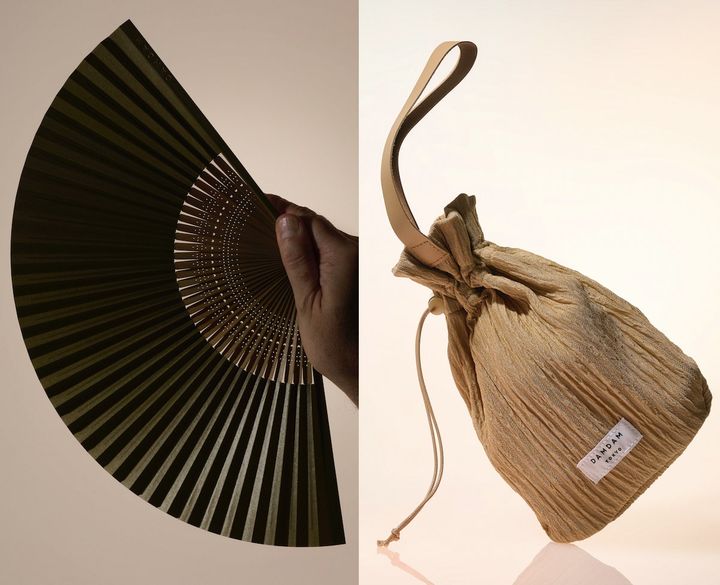 〈左〉表参道店・京都店・阪急うめだ店の直営ブティックのみの取り扱い。オールグリーン扇子 ￥9,900 〈右〉表参道店・京都店・阪急うめだ店にて、税別1万円以上の製品購入者にプレゼント。先着順でなくなり次第終了する。もちもちオリジナルミニポーチ