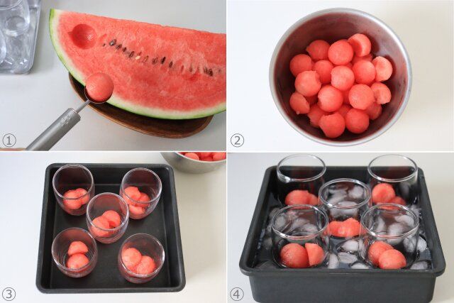 スイカをくり抜きグラスに入れる。