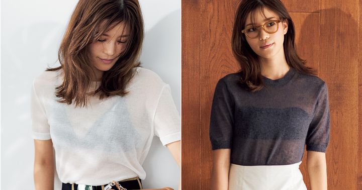 白のシアーTシャツに黒ブラをあわせたコーデとチャコールのモヘアニットのインナーに黒バンドゥをあわせたコーデ