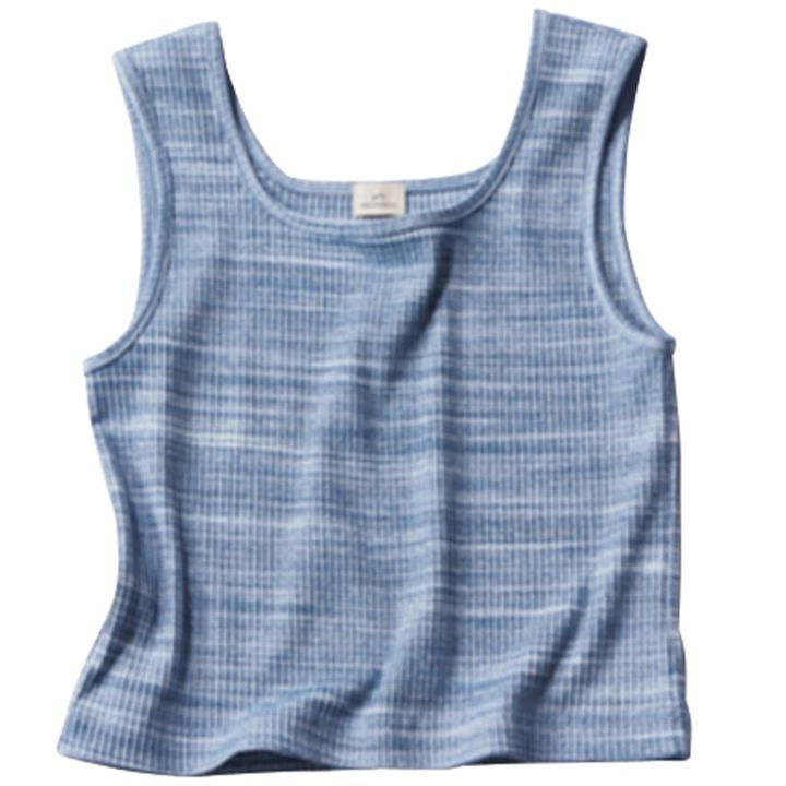 グリーンレーベルリラクシングのツイードのような風合いのブルーのタンクトップ