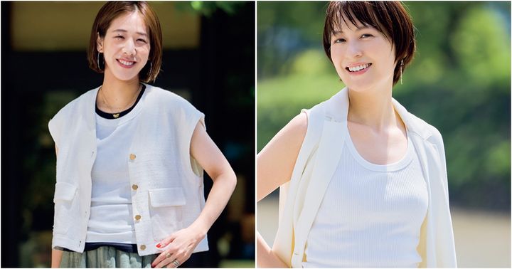 私物のタンクトップコーデを披露するスタイリスト近藤和貴子さんとVERYモデル青木裕子さん