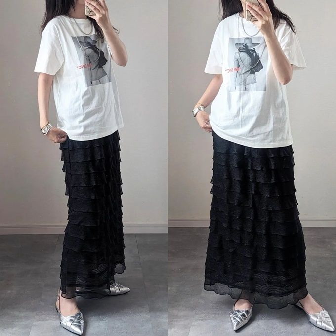 しまむらのピンクロゴの「フォトTシャツ」×ニットナロースカート