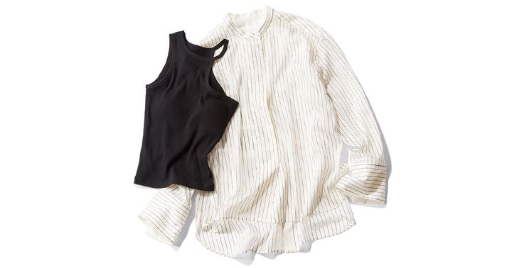 アダムエロペのストライプ柄シアーシャツとエイチビューティー＆ユースのアシメントリータンクトップ