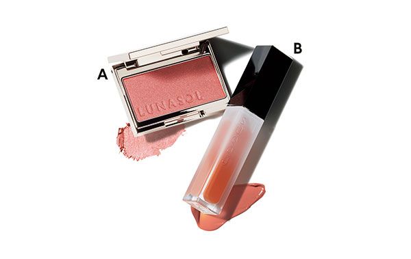 【A】ルナソル カラーリングシアーチークス（グロウ） 【B】SUQQU トリートメント ラッピング リップ