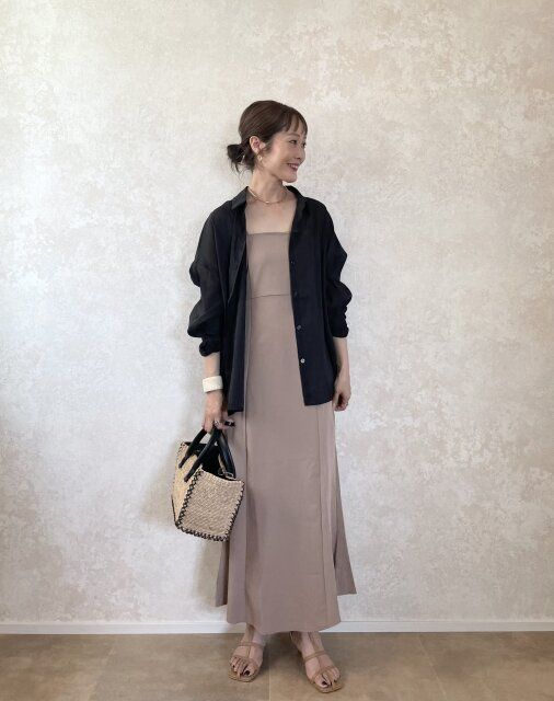 GRL楊柳シフォンシャツのキャミワンピコーデ