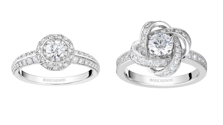 左：センターダイヤモンドを引き立てるグラフィカルなダイヤモンドの配置は、パリ・エトワール広場と凱旋門を中心に、放射線状に伸びる12の通りが着想源。エトワール ドゥ パリ ソリテール リング（PT×ダイヤモンド）￥924,000〜 右：リボンのような立体的な曲線で、光り輝く芍薬の花を描いて。ピヴォワンヌ ソリテール リング（WG×ダイヤモンド）￥852,500〜