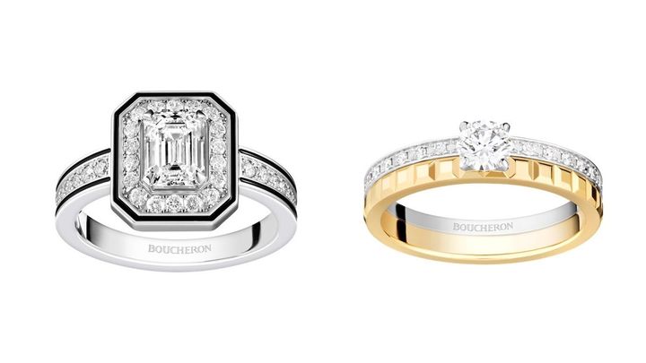 左：パリ・ヴァンドーム広場の八角形を取り入れた幾何学的なフォルムの中央で、エメラルドカットのダイヤモンドがスタイリッシュに煌めく。ヴァンドーム リズレ ソリテール リング（WG×ダイヤモンド）￥1,680,000〜 右：メゾンを代表するアイコン。キャトル ラディアント ソリテール リング（YG×WG×ダイヤモンド）￥858,000〜