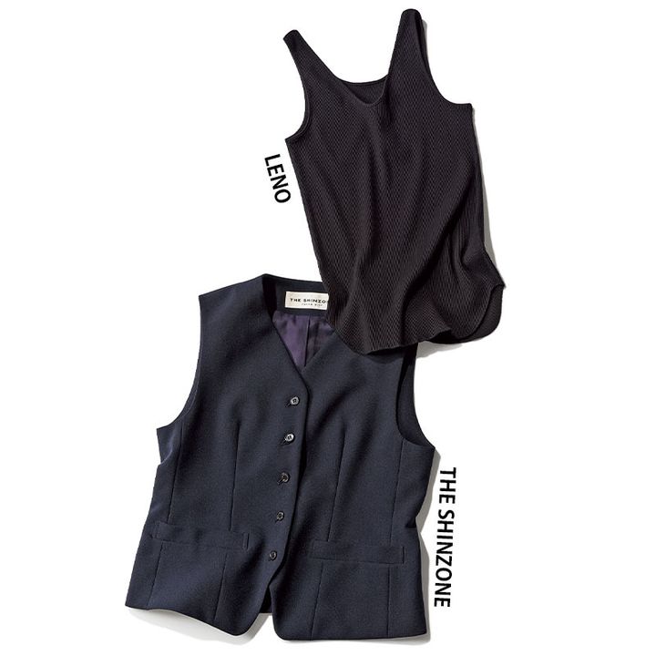 シンゾーンの短丈ジレとインナーにぴったりなリノのVネックタンクトップ
