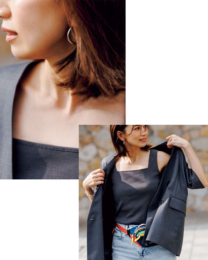 半袖ジャケットからのぞいても安心感のあるスクエアタンク