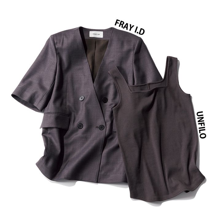 フレイアイディーの半袖ジャケットとインナーに合わせたいアンフィーロのスクエアタンク