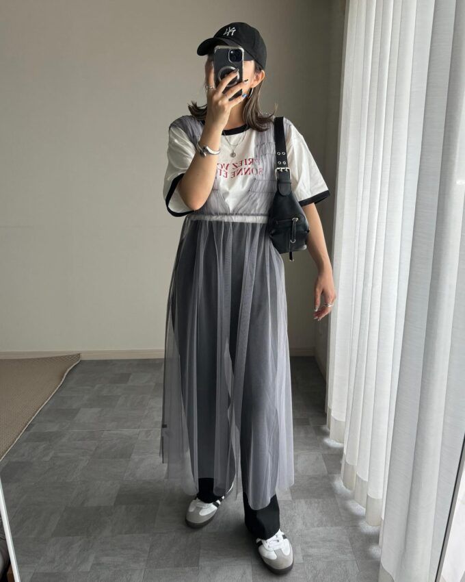 Availのグレーの「チュールシャーリングワンピース×リンガーTシャツ