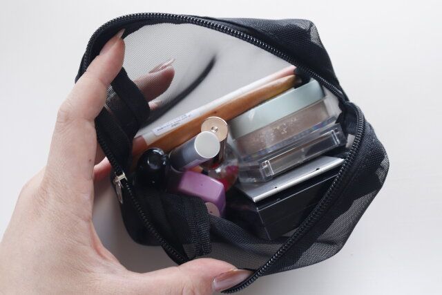 ダイソー メッシュポーチ（スクエア、ブラック） 収納力