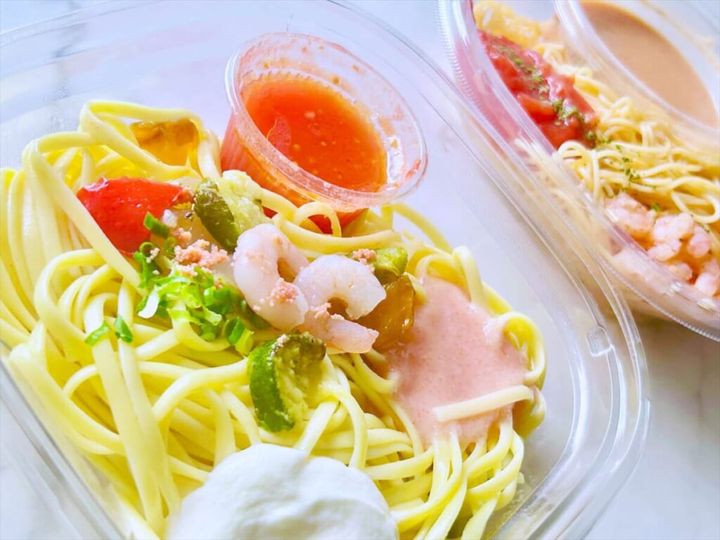 セブン-イレブン 冷製パスタ夏の海老トマトクリーム ファミリーマート 冷たいパスタ3種ソース使用！グリル野菜と海老