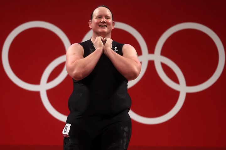 TOKYO, JAPAN - AUGUST 02_ Laurel Hubbard of Team New Zealand competes during the Weightlifting - Women's 87kg+ Group A on day ten of the Tokyo 2020 Olympic Games at Tokyo International Forum on August 02, 2021 in Tokyo, Japan. (Photo by Chris Graythen/Getty Images)