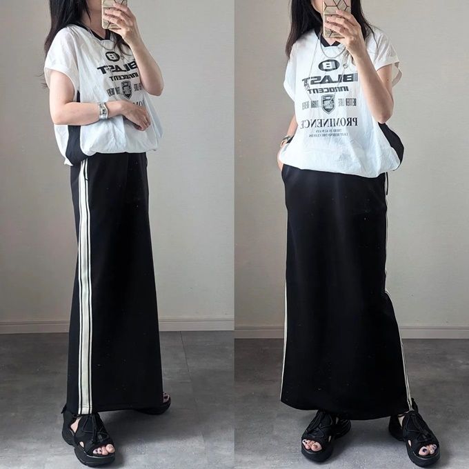 しまむらのホワイトの「ユニフォームロゴプルオーバー」×ラインスカート