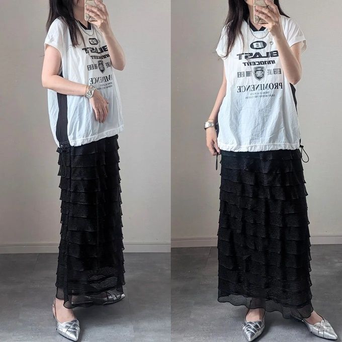 しまむらのホワイトの「ユニフォームロゴプルオーバー」×ニットナロースカート