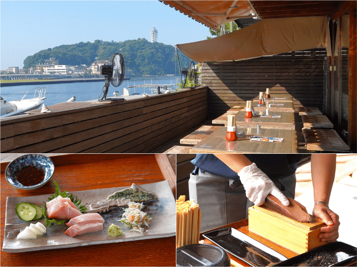 広いテラスのある「江ノ島小屋」で江ノ島を眺めていただく最高の朝ごはん♪