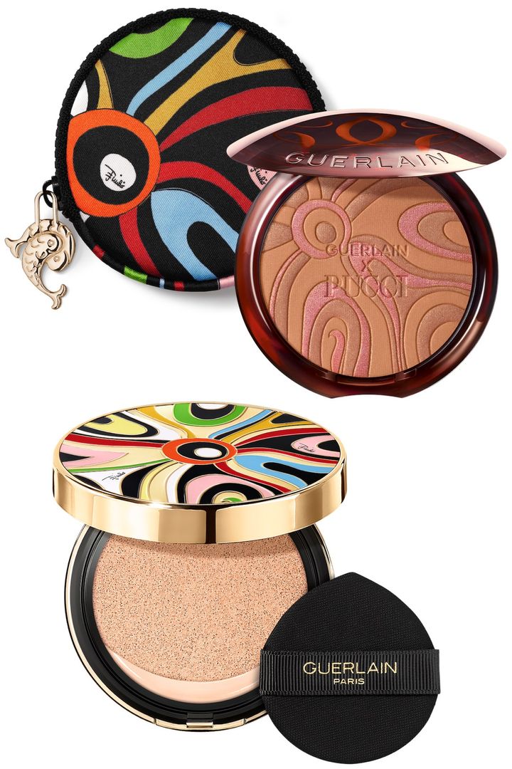 〈上から〉タラコッタ ブロンジング パウダー マルモ サン（ポーチ付き） ￥14,630 パリュール ゴールド クッションN 00N マルモ グロウ エディション ￥14,630（ともに8月14日から阪急梅田・阪急オンライン先行、8月26日から限定店舗・限定店舗のオンライン、8月27日からゲラン公式オンラインブティック限定発売）