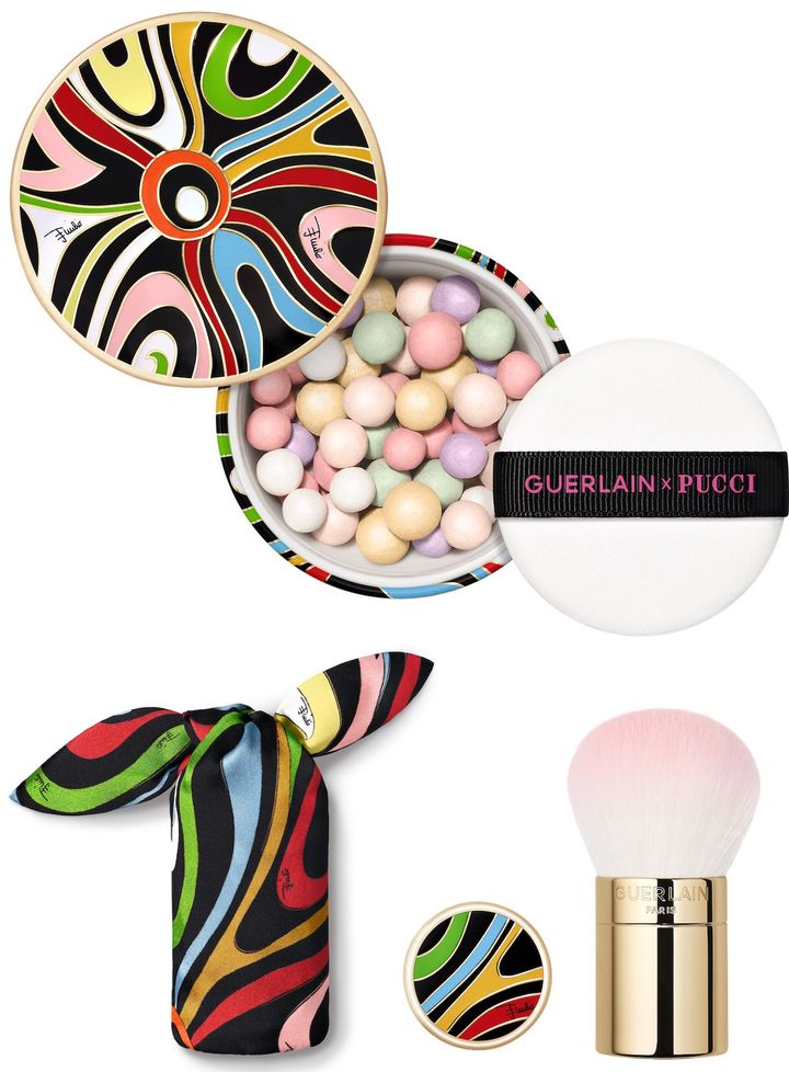 〈上から〉メテオリット ビーユ 02 マルモ スワール エディション ￥11,880 メテオリット ブラシ（ポーチ付き） ￥12,210（8月14日から阪急梅田・阪急オンライン先行、8月26日から限定店舗・限定店舗のオンライン、8月27日からゲラン公式オンラインブティック限定発売）