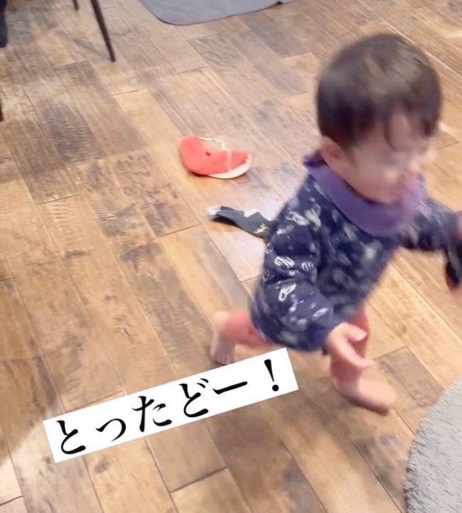 わんこに靴下をとられた男の子