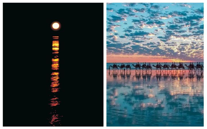 画像: 左：ローバック湾で見られる「月への階段」 右：ケーブルビーチで体験できるラクダ乗り体験