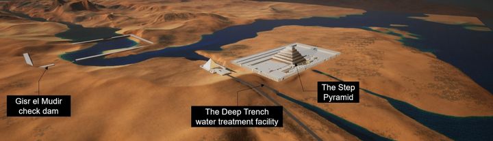 3つの施設の復元イメージと位置関係。一番左が「巨大ダム」