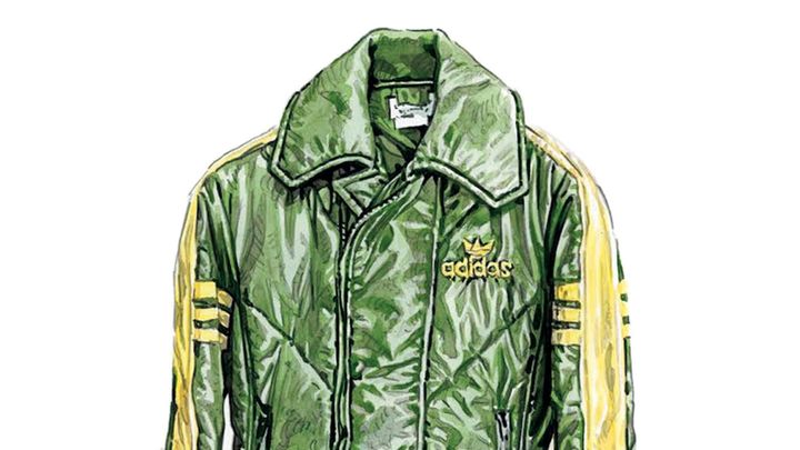 せきしろさんが着用している、アディダスのスキージャケットをつがおか一孝さんが描いたイラスト