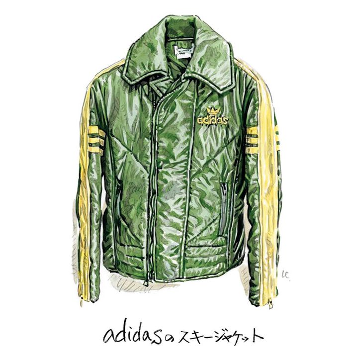 せきしろさんが着用している、アディダスのスキージャケットをつがおか一孝さんが描いたイラスト