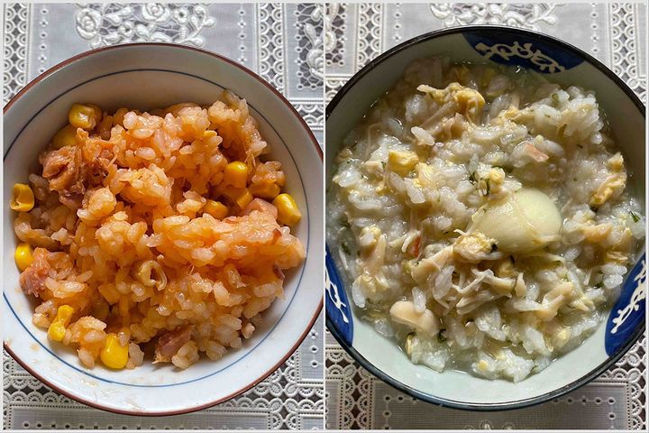 ▲チキンピラフ風ごはん（左）、参鶏湯（サムゲタン）風おかゆ（右）完成です！