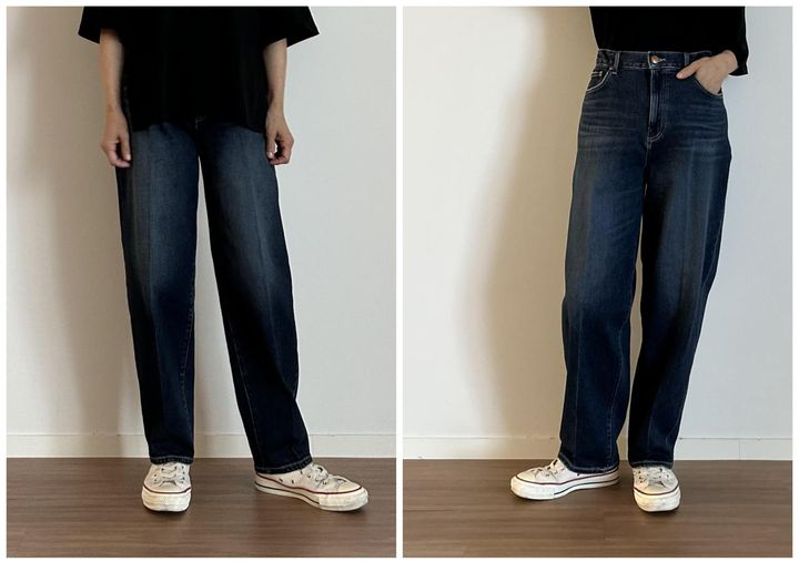 画像1: 【PLST】PLUS STYLEカーブジーンズ各¥13,000 サイズ：XS、S、M、L、XL カラー：ブルー、グレー、ネイビー ※佐藤さんの身長：165㎝ www.plst.com