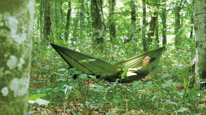 〈eno〉のSub6で休むハンモックハイカー・二宮勇太郎