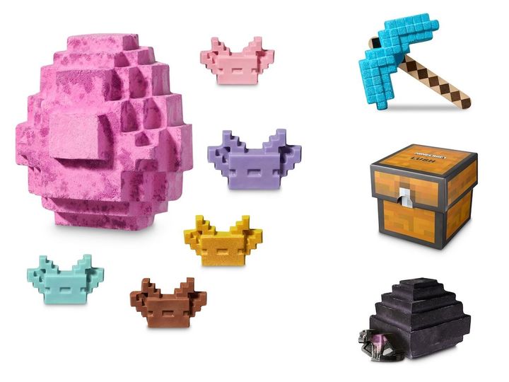 画像: バスボム：左（ウーパールーパーのスポーンエッグ）￥2,500 ※バスボムの中にウーパールーパ―のソープが在中。5色のうち1色、どれが出るかはお楽しみ。ブラウン・ゴールドはオンライン限定。右下（エンダードラゴンのスポーンエッグ）￥3,000、バブルバー：右上（ダイヤモンドのツルハシ）￥2000、ギフトボックス：右中（チェスト）￥800