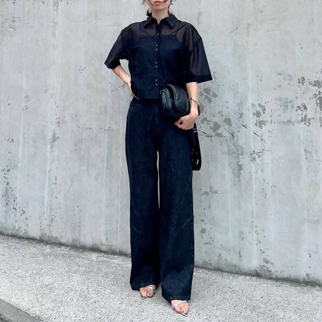 2024夏シアーシャツワイドパンツ黒コーデ