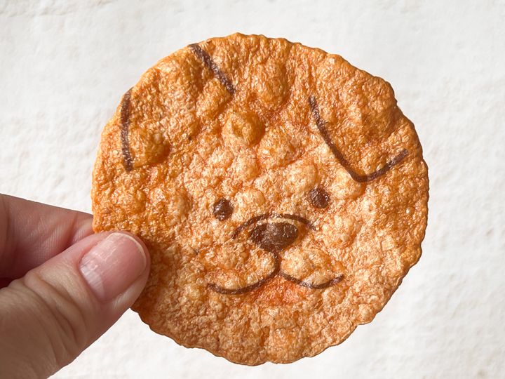 手に持った「渋谷えびせんべい」のわんこの顔柄