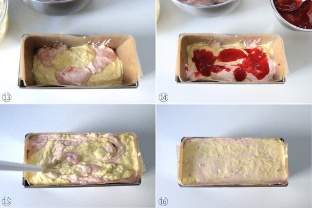 パウンド型に両方のアイス生地を交互に入れる。