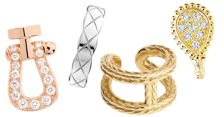 フレッドのダイヤ入りゴールドピアスとシャネルのココクラッシュのイヤーカフとエルメスのシェーヌダンクルのイヤーカフとブシュロンのセルパンボエムのイヤリング