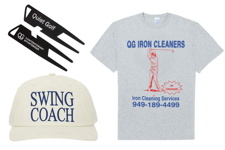 アメリカ〈クワイエット・ゴルフ〉ディボットツール、ナイロン・キャップ、“アイアン・クリーナーズ”が描かれたＴシャツ
