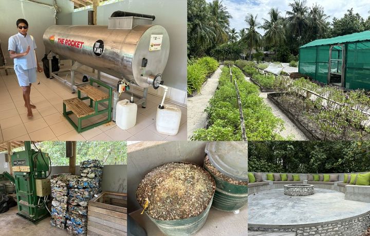 エコセンター。上は1日500kgの処理能力がある巨大コンポスト。たい肥は隣接するオーガニックガーデンで使われる。左下はプレスされた缶。下中央の粉砕されたガラスを利用して右下のようなコンクリートが造られる