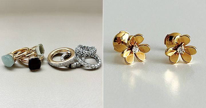 ジュエリー系インフルエンサーの私物のポメラートの指輪やダイヤのエタニティリングとフリヴォルのピアス