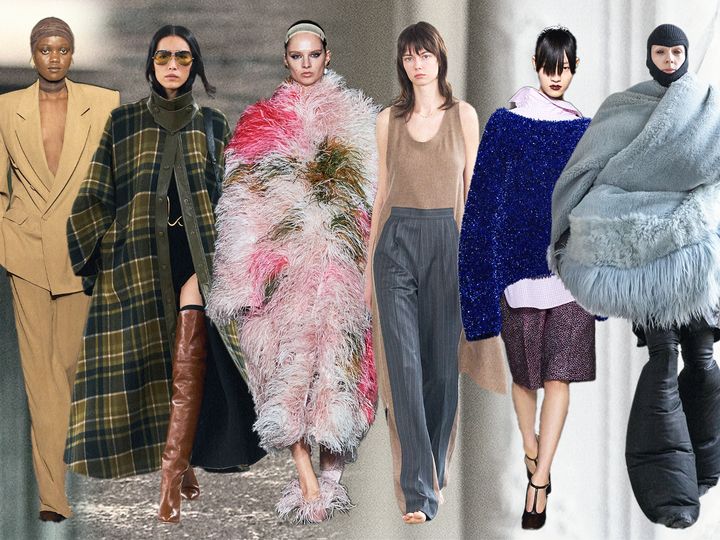 From left_ Fall 2024 designs from Saint Laurent, Chloé, Erdem, Undercover, Dries Van Noten, Rick Owens.