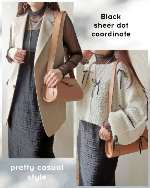 黒のDCドットシアー長袖カップ付きインナーを着たコーデ
