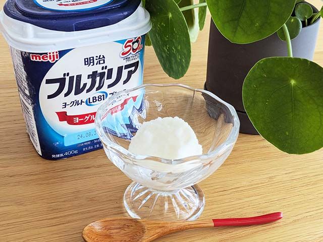 「ブルガリア ヨーグルト」で作るアイスとブルガリアヨーグルトのパックがテーブルに並んでいる様子