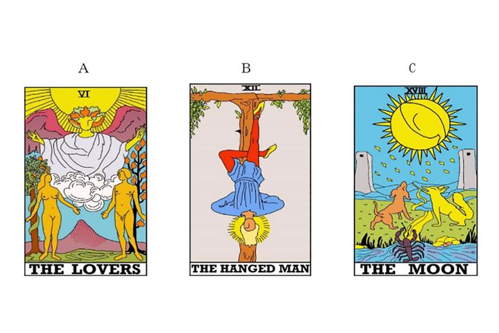 Aはナンバー6「恋人・愛を見守る人」、Bはナンバー12「吊るし人・捨てる人」 、Cはナンバー18「月・潜在意識の人」 ※カードは筆者作成