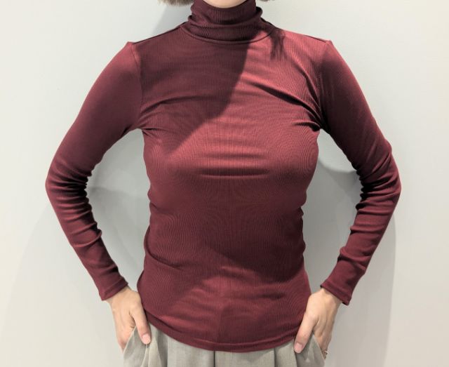 ストレッチリブタートルネックTを着用