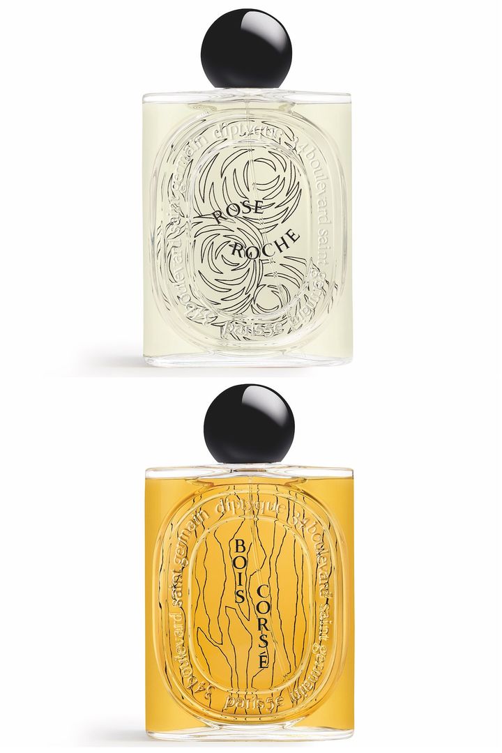 〈上から〉オー ド パルファン ローズ ロッシュ、オー ド パルファン ボワ コルセ 各100ml 各¥47,410（ともに8月30日より一部ブティック・公式オンラインストア先行、9月3日より全国発売）