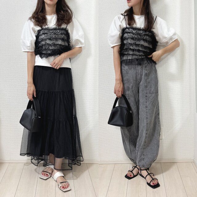 しまむらチュールリボンビスチェとブラックデニムの甘辛コーデ