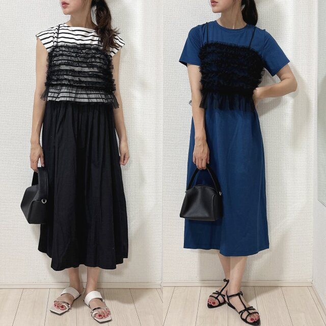しまむらチュールリボンビスチェとシンプルワンピコーデ